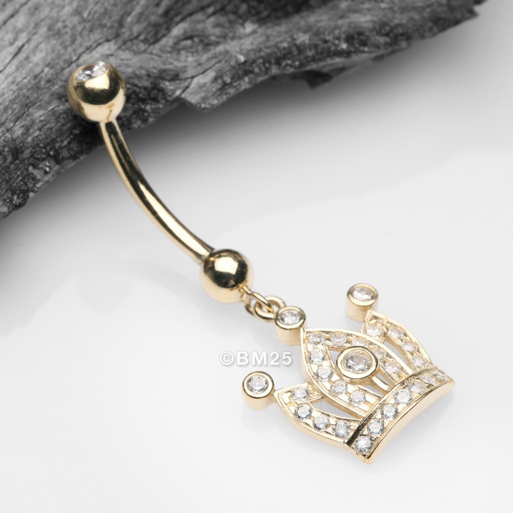 14 Karat Gold Majestic Crown Sparkle Dangle Belly Button Ring